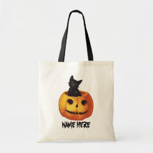 Vintage Halloween, Cute Black Cat i en Pumpkin Tygkasse