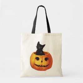 Vintage Halloween, Cute Black Cat i en Pumpkin Tygkasse