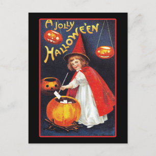 Vintage Halloween Cute Witch Pumpkin Vykort