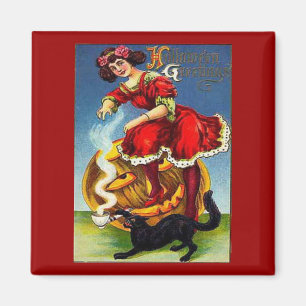 Vintage Halloween Dam i Red Magnet