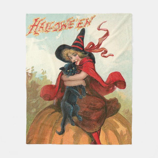 Vintage Halloween - En häxas bästa vän Fleecefilt (Framsidan)