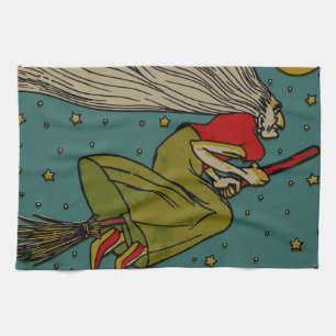Vintage Halloween, Evil Witch flyger på Broomstick Kökshandduk