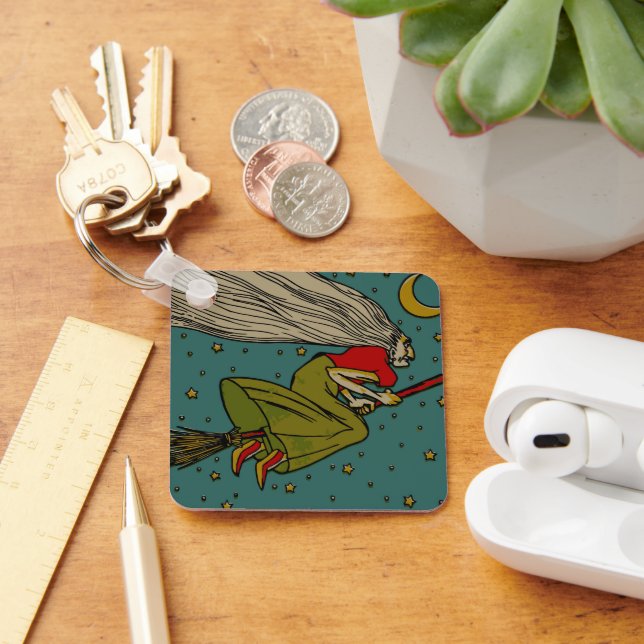 Vintage Halloween, Evil Witch flyger på Broomstick Nyckelring (Skrivbord)