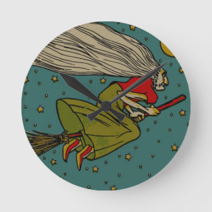 Vintage Halloween, Evil Witch flyger på Broomstick Rund Klocka
