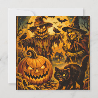 Vintage Halloween-fågelskrämma, häxa, pumpa Kort