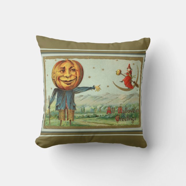 Vintage Halloween Fågelskrämma och Witch Kudde (Framsida)