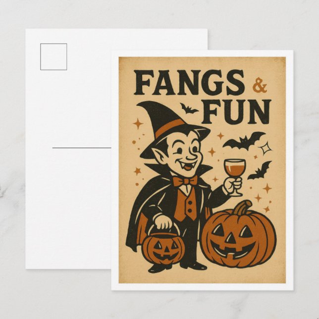Vintage Halloween Fangs and Fun Vykort (Fram/baksida)