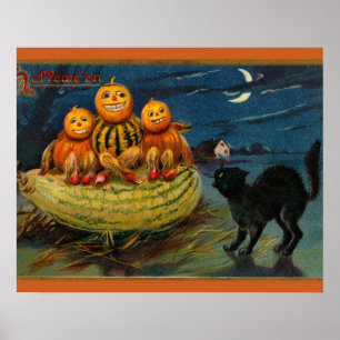Vintage Halloween fest Black Cat Scary Pumpkins Poster