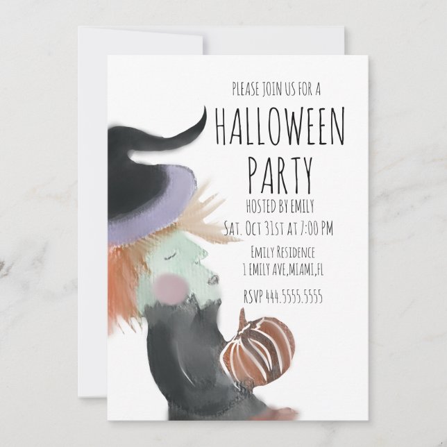 Vintage Halloween-fest Vattenfärg Häxa Pumpa  Inbjudningar (Framsida)