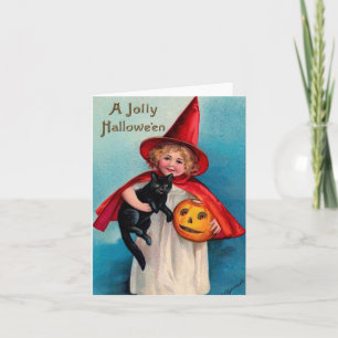 Vintage Halloween-flicka med svart katt-kort Kort