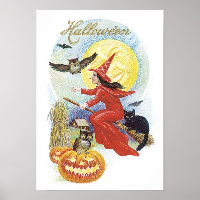 Vintage Halloween, flygande beck med svart katt Poster (Framsidan)