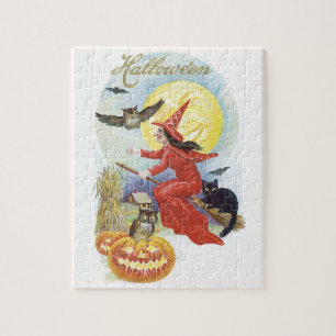 Vintage Halloween, flygande beck med svart katt Pussel