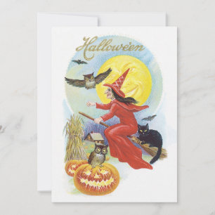 Vintage Halloween, Flygande häxa med en svart katt Inbjudningar