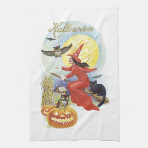 Vintage Halloween, Flygande häxa med en svart katt Kökshandduk