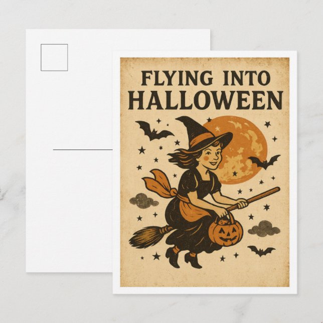 Vintage Halloween Flygande Vykort (Fram/baksida)