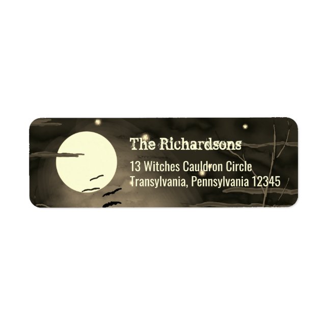Vintage Halloween Fullmåne Fladdermöss Returadress Etikett (Framsidan)