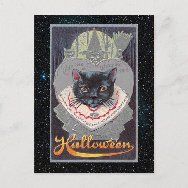 Vintage Halloween Funnycat illustration Vykort (Framsida)