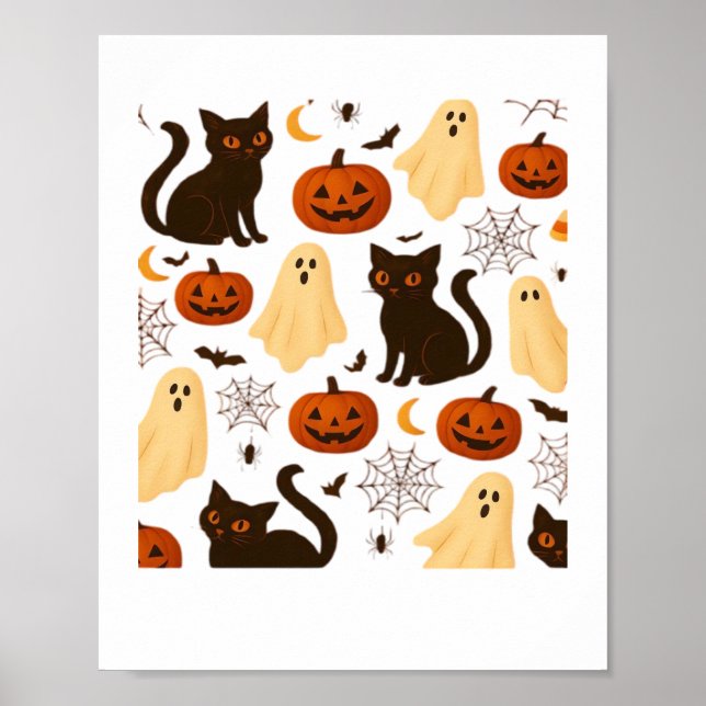 Vintage Halloween Ghost & Black Cat Mönster Classi Poster (Framsidan)