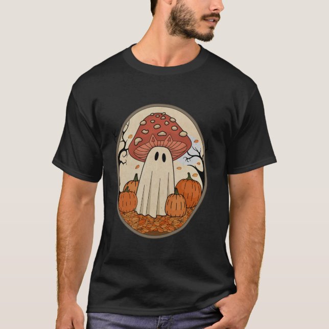 Vintage Halloween Ghost Cat Mushroom Långärmad T Shirt (Framsida)