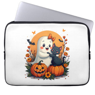 Vintage Halloween Ghost Holding Black Cat Groovy F Laptop Fodral