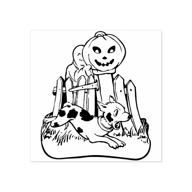 Vintage Halloween Ghost med Hund & Pumpkin Stämpel (Tryck)