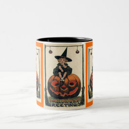 Vintage Halloween Girl på Jack o'Lantern Två-Tonad Mugg