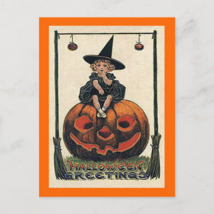 Vintage Halloween Girl på Jack o'Lantern Vykort