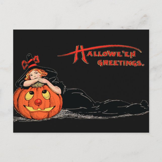 Vintage Halloween Girl Witch och Pumpkin Vykort (Framsida)