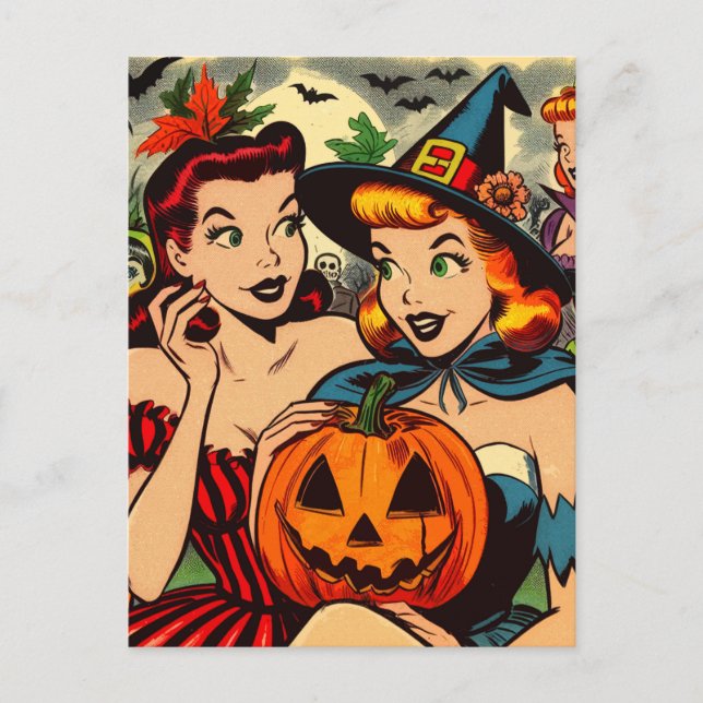 Vintage Halloween Girls-Tecknader Vykort (Framsida)