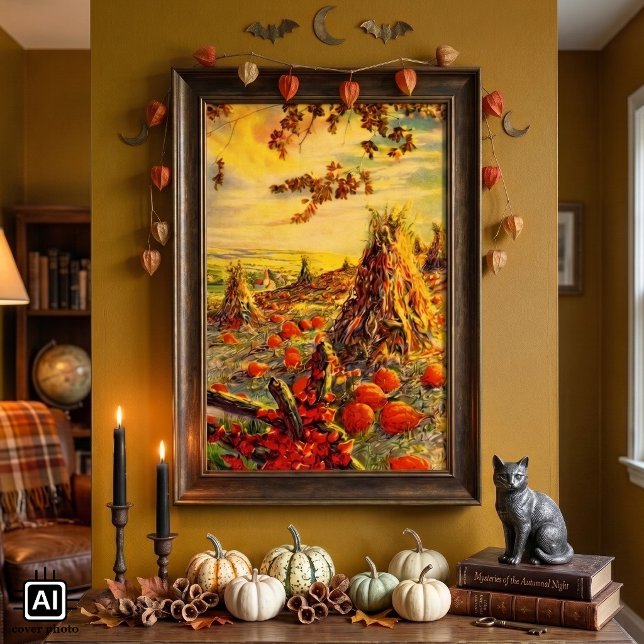 Vintage Halloween-gurkskörd med höstackar Poster (Vintage illustration Halloween design featuring an autumn scene with a pumpkin patch and haystacks.)