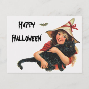 Vintage Halloween, hälig tjej häxa med svart katt Vykort