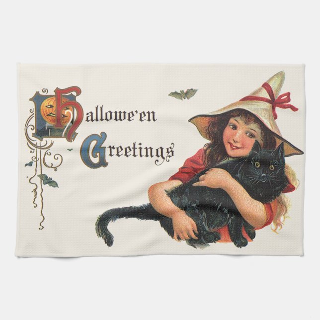 Vintage Halloween Hälsning, barnvik med katt Kökshandduk (Horisontell)