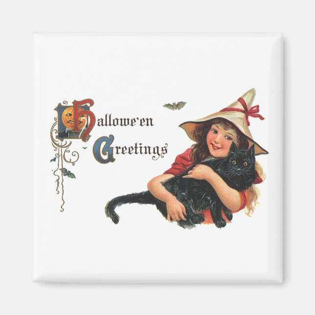 Vintage Halloween Hälsning, barnvik med katt Magnet (Framsidan)