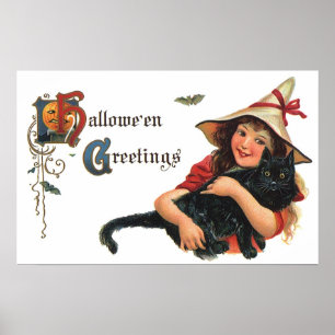 Vintage Halloween Hälsning, barnvik med katt Poster