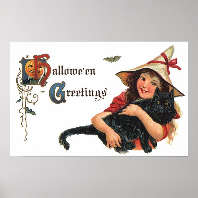 Vintage Halloween Hälsning, barnvik med katt Poster (Framsidan)