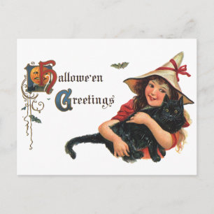 Vintage Halloween Hälsning, barnvik med katt Vykort