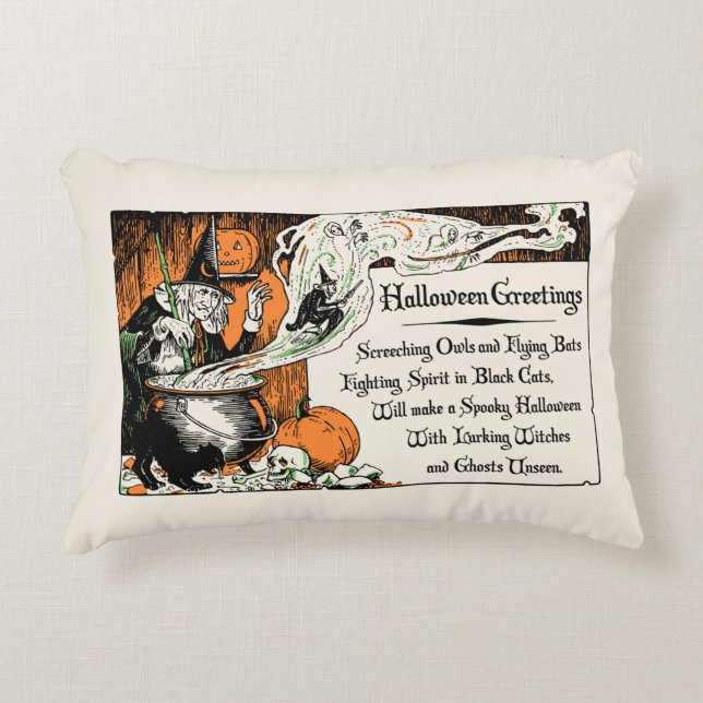 Vintage Halloween Hälsning Witch accent Pillow Prydnadskudde (Framsidan)