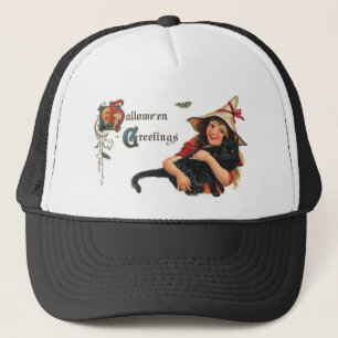 Vintage Halloween Hälsning Witch med katt Truckerkeps