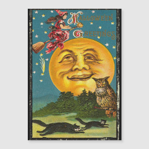 Vintage Halloween Hälsning Witch som flyger på Bro