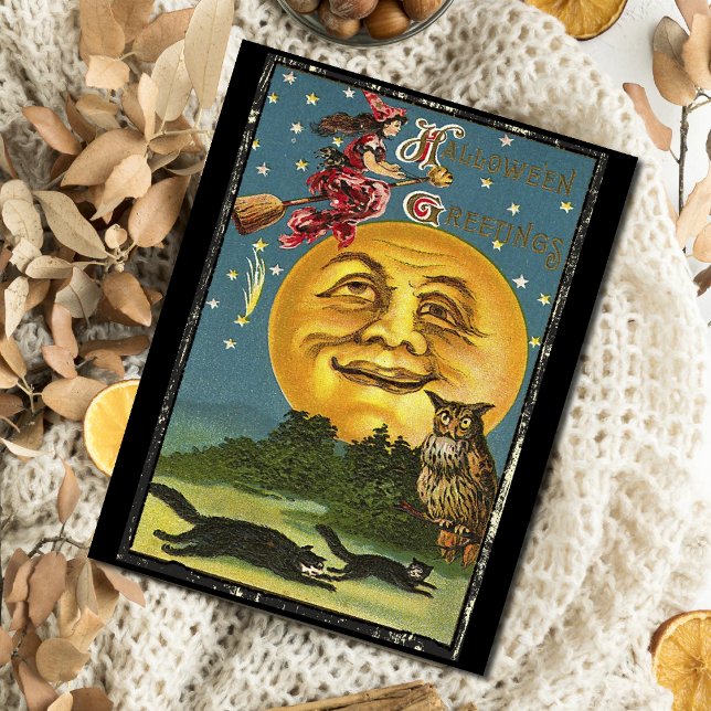 Vintage Halloween Hälsning Witch som flyger på Bro (Skapare uppladdad)