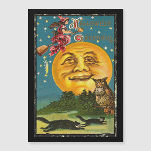 Vintage Halloween Hälsning Witch som flyger på Bro