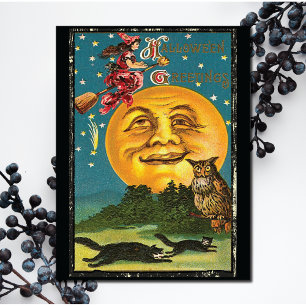 Vintage Halloween Hälsning Witch som flyger på Bro Kort