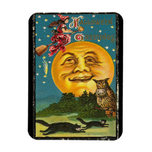 Vintage Halloween Hälsning Witch som flyger på Bro Magnet