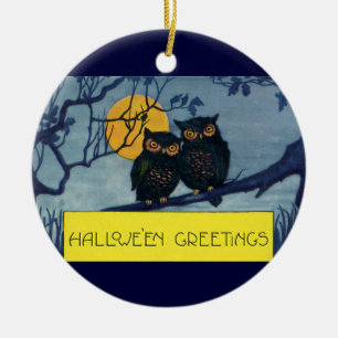 Vintage Halloween-hälsningar, Ugglor i Träd med Må Julgransprydnad Keramik