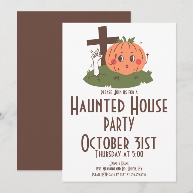Vintage Halloween Haunted House Pumpkin Inbjudningar (Fram/baksida)