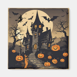 Vintage Halloween Haunted House, Pumpkins, Fladder Magnet