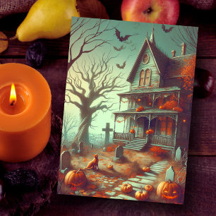 Vintage Halloween Haunween House Fall Julkort