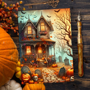 Vintage Halloween Haunween House Fall Julkort