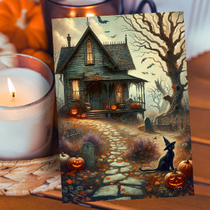 Vintage Halloween Haunween House Fall Julkort