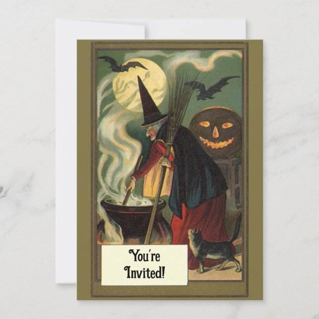 Vintage Halloween-häxa Bröllopsduschfest Inbjudningar (Framsida)